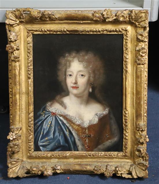 Circle of Pierre Mignard (1612-1695) Head and shoulder portrait of Anne dAutrich, Queen of France 14 x 11in.